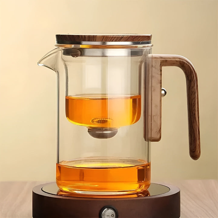 Glass teapot with wooden handle – One-click filter | Perfect for loose tea & Puer | Stornfield