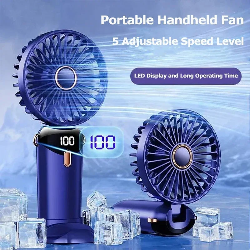 Handheld Mini Fan – 3000mAh Foldable Portable Desk & Neck Hanging Fan with 5 Speeds, USB Rechargeable & Phone Stand Display | Stornfield