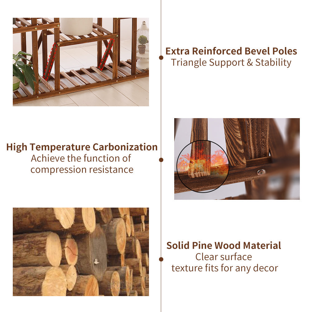 Large 11-tier Wooden Plant Shelf | Carbonized, Wide Flower Stand for Indoor & Outdoor | Stornfield