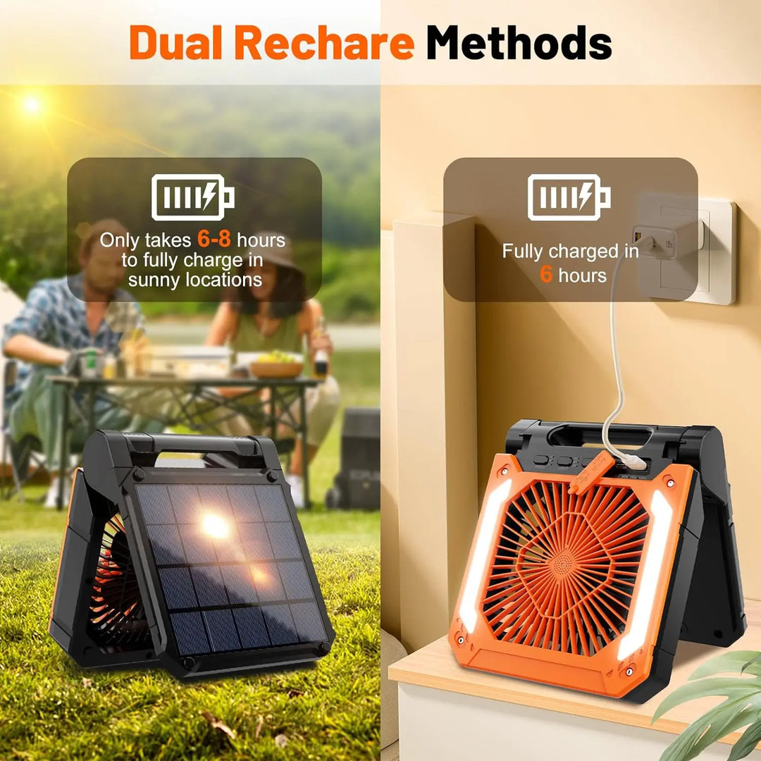 20000mAh Portable Electric Fan with LED Light — USB, Solar & Car Charging for Camping | Stornfield