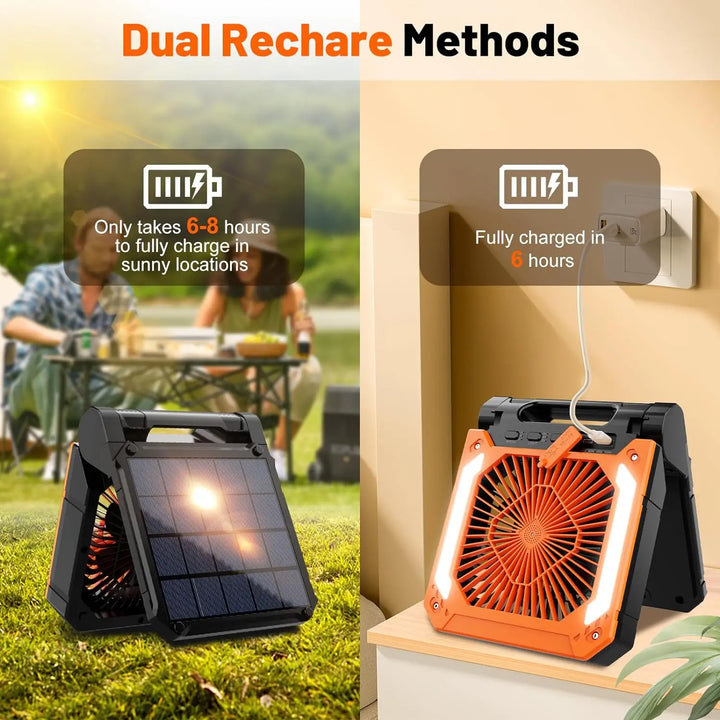 20000mAh Portable Electric Fan with LED Light — USB, Solar & Car Charging for Camping | Stornfield