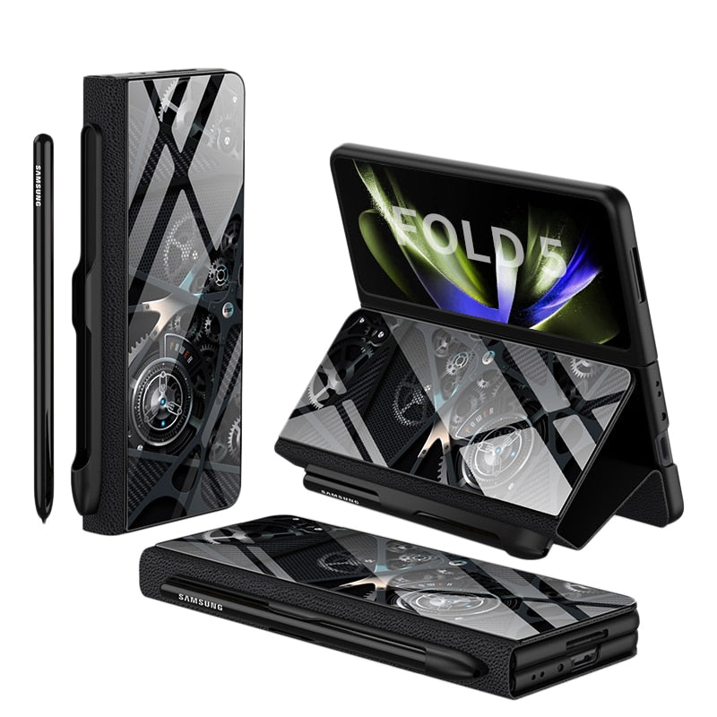 Stornfield | Glass Case with Shockproof Armor, Stand, Leather Pouch for Samsung Galaxy Z Fold 5/4