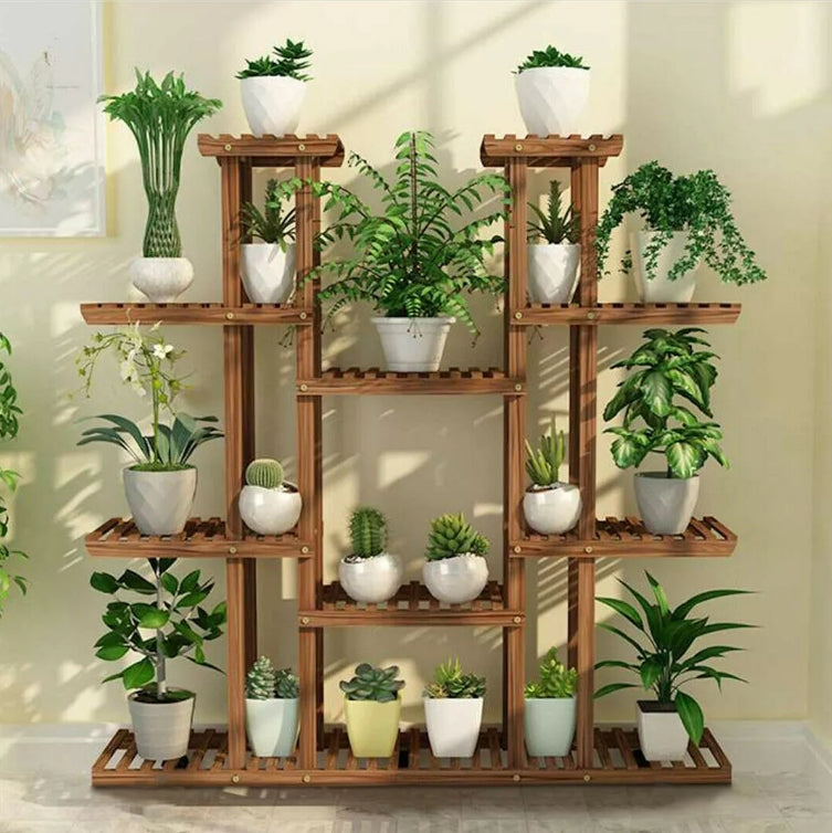 Large 11-tier Wooden Plant Shelf | Carbonized, Wide Flower Stand for Indoor & Outdoor | Stornfield