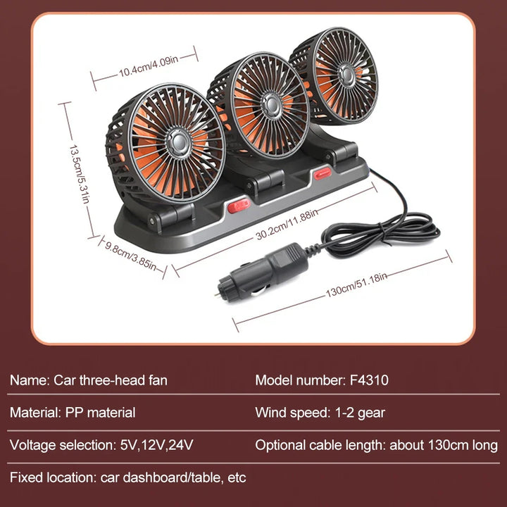 360° Adjustable Car Fan - 3-Head Automotive Electric Fan - USB/12V/24V - 2 Speeds - Silent Cooling for Home, Desk, Office & Car | Stornfield
