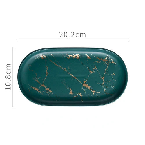 Stornfield | Nordic Marbled Ceramic Oval Tray for Jewelry, Accessory Storage, Soap Holder, Golden Wave, Bathroom Cup, Bath Decoration