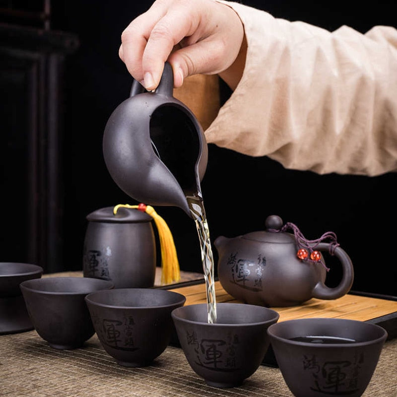 Stornfield | 9-Piece Retro Teapot Set Designer Cool Purple Sand Kong Fu Tea Set Travel Ceramic Purple Sand Tea Strainer