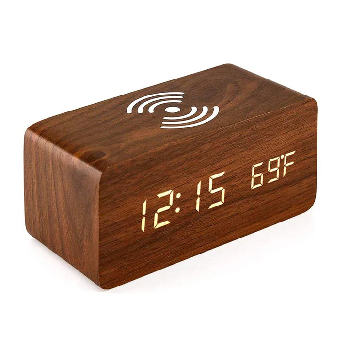 Minimalist LED wooden clock with temperature display, wireless charging function and digital time display – Ideal for bedroom and office | Stornfield