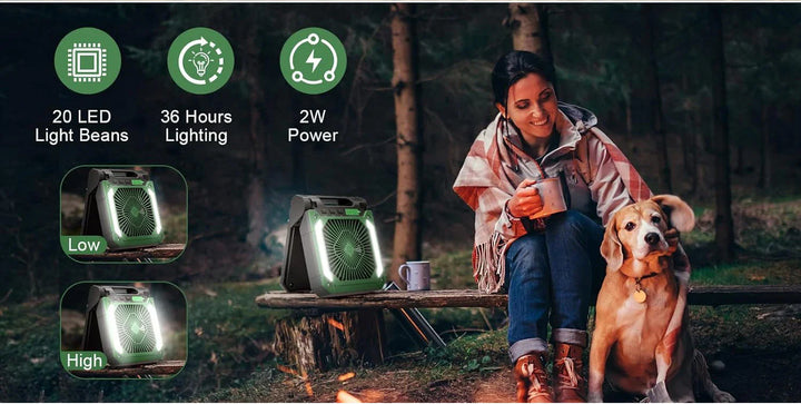 20000mAh Portable Electric Fan with LED Light — USB, Solar & Car Charging for Camping | Stornfield