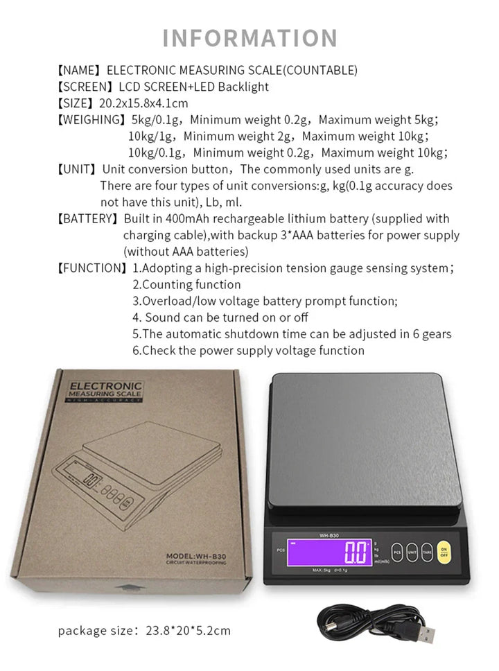 Stornfield | 5 kg/0.1 g and 10 kg/1 g digital electronic kitchen scale, LCD display, fully waterproof stainless steel weighing tool for baking