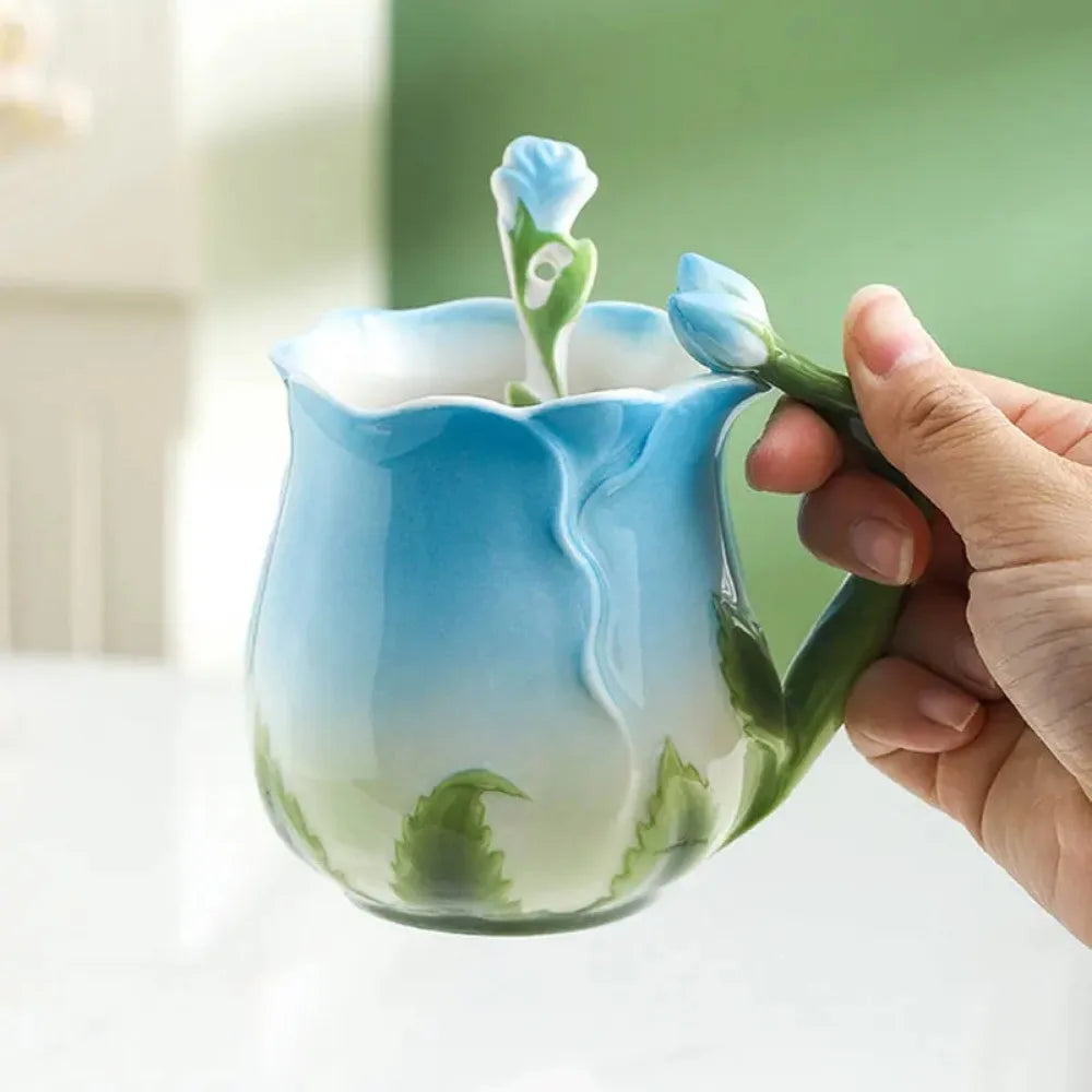Stornfield | Pink 3D Flower Ceramic Mug Cute Aesthetic Coffee Cups Water Mugs with Spoon Summer Winter Drinkware Valentine's Day Gifts