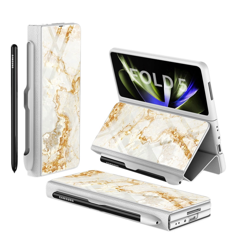 Stornfield | Glass Case with Shockproof Armor, Stand, Leather Pouch for Samsung Galaxy Z Fold 5/4