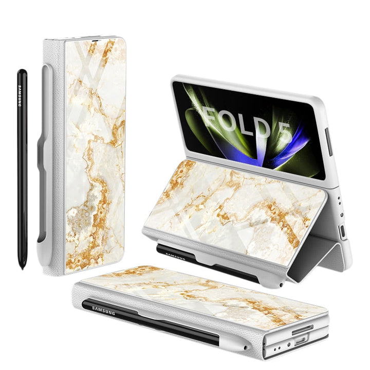 Stornfield | Glass Case with Shockproof Armor, Stand, Leather Pouch for Samsung Galaxy Z Fold 5/4