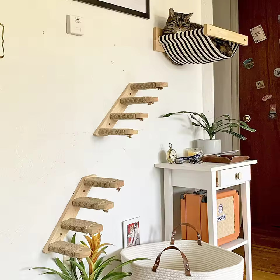 Cat climbing ladder for wall mounting, made of wood with sisal, Stornfield