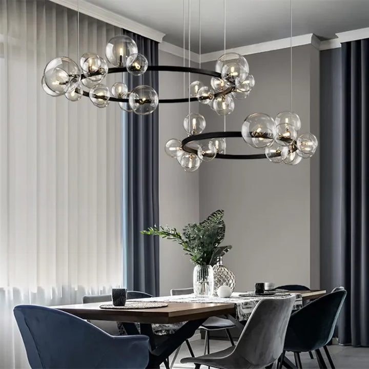 Stornfield | Modern Creative Metallic Chandelier: 7/10 Clear Glass Bubbles, Long Round Design with G9 Lamp