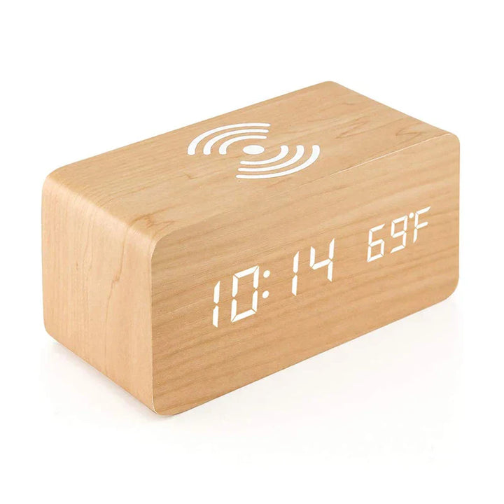 Minimalist LED wooden clock with temperature display, wireless charging function and digital time display – Ideal for bedroom and office | Stornfield