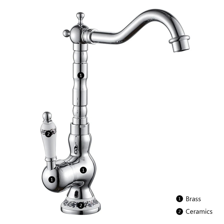 Kitchen Faucet in Antique Brass with Ceramic Handle - 360° Swivel | Stornfield Traditional Design