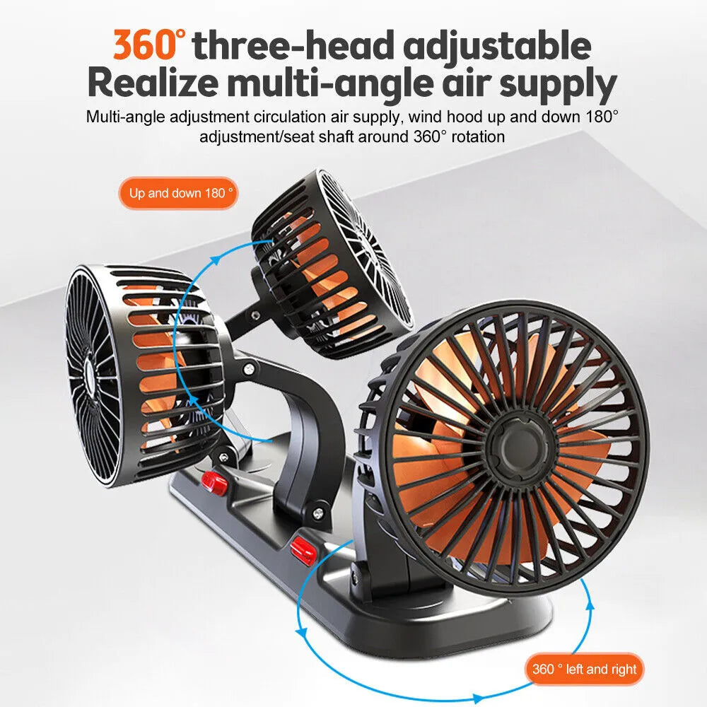 360° Adjustable Car Fan - 3-Head Automotive Electric Fan - USB/12V/24V - 2 Speeds - Silent Cooling for Home, Desk, Office & Car | Stornfield