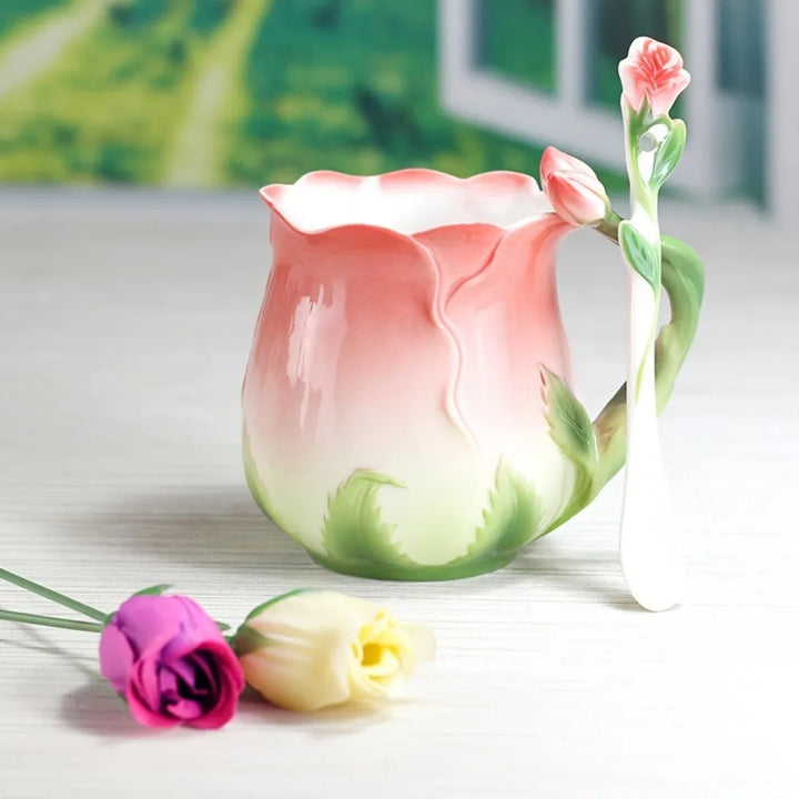 Stornfield | Pink 3D Flower Ceramic Mug Cute Aesthetic Coffee Cups Water Mugs with Spoon Summer Winter Drinkware Valentine's Day Gifts