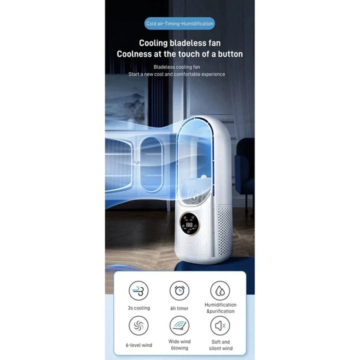 Portable USB Leafless Air Cooler – Silent 6-Speed Electric Fan with Timer & Humidifier | Stornfield