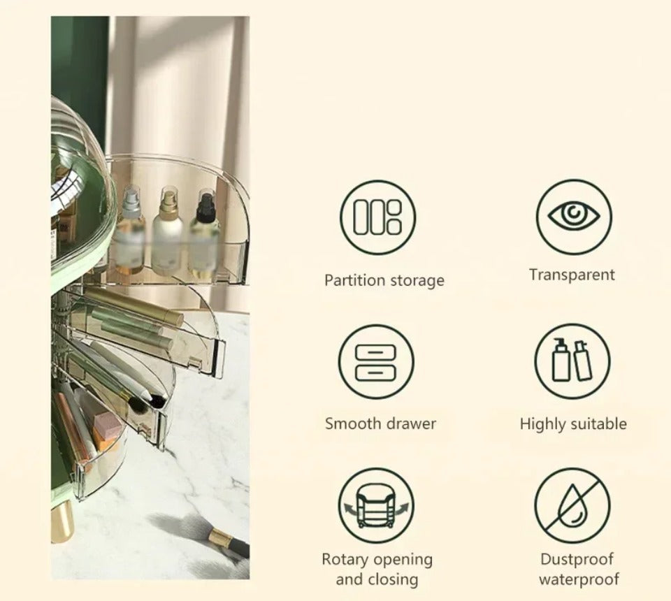 Luxury Transparent Makeup Organizer with Rotating Doors and Drawers | Stornfield