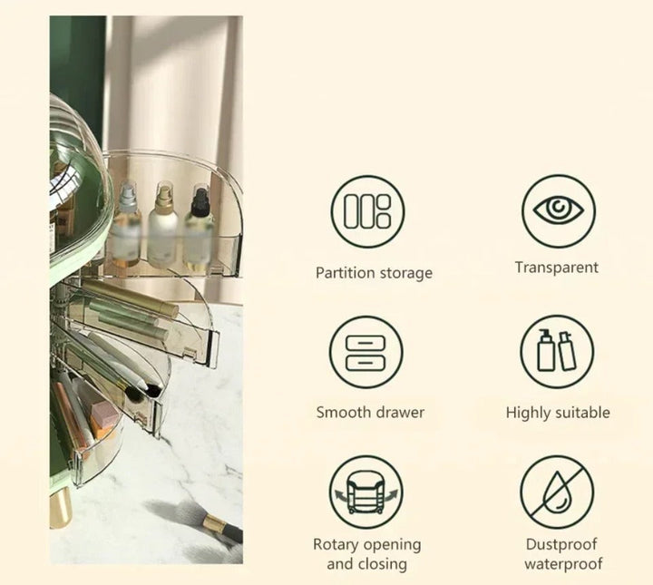 Luxury Transparent Makeup Organizer with Rotating Doors and Drawers | Stornfield