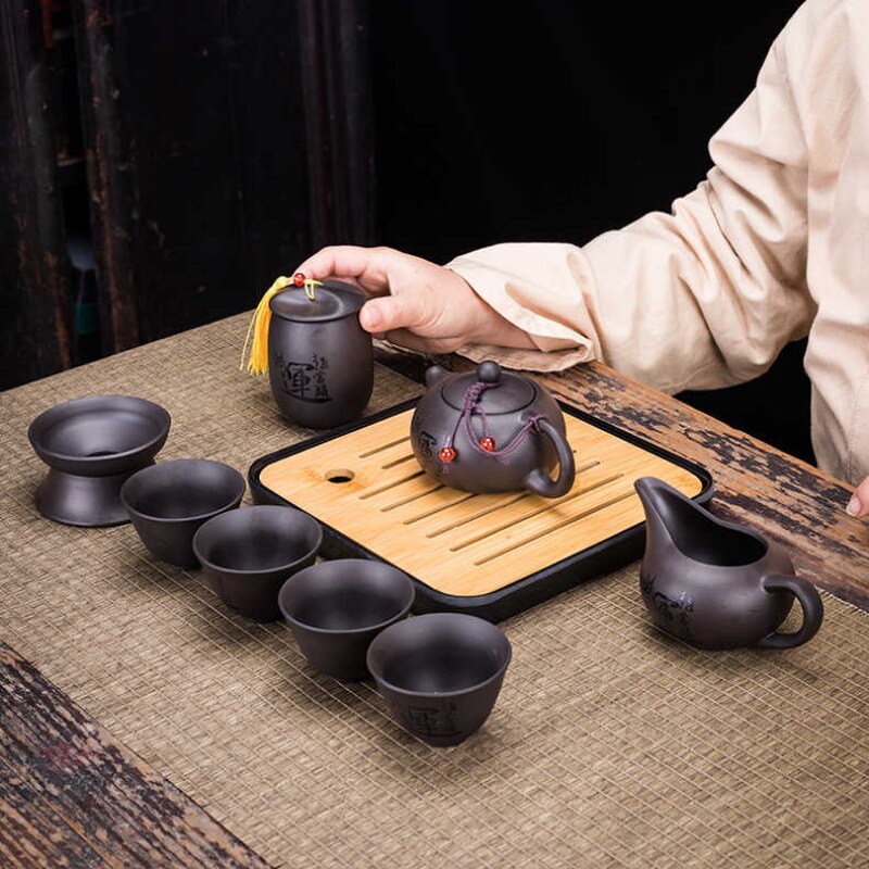 Stornfield | 9-Piece Retro Teapot Set Designer Cool Purple Sand Kong Fu Tea Set Travel Ceramic Purple Sand Tea Strainer