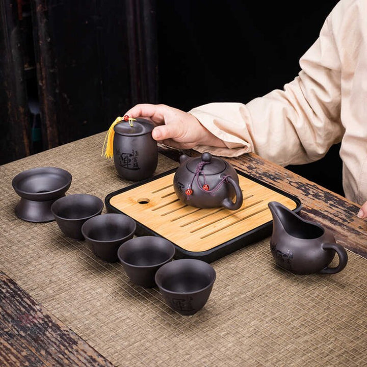 Stornfield | 9-Piece Retro Teapot Set Designer Cool Purple Sand Kong Fu Tea Set Travel Ceramic Purple Sand Tea Strainer