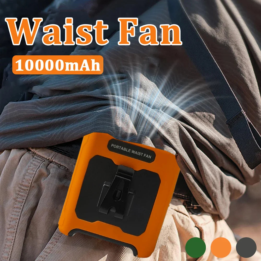 10000mAh Waist Clip Fan with Power Bank – Portable Hands-Free Rechargeable Fan | 5-Speed Cooling, Battery Display, USB Charging, Outdoor Wearable Fan | Stornfield