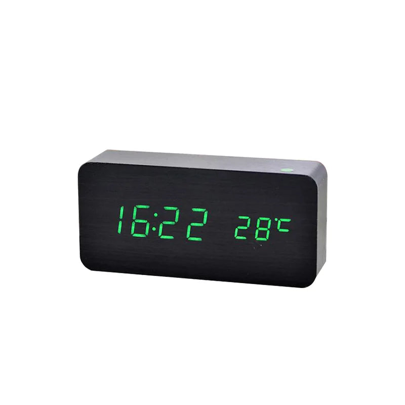 Minimalist LED wooden clock with temperature display, wireless charging function and digital time display – Ideal for bedroom and office | Stornfield