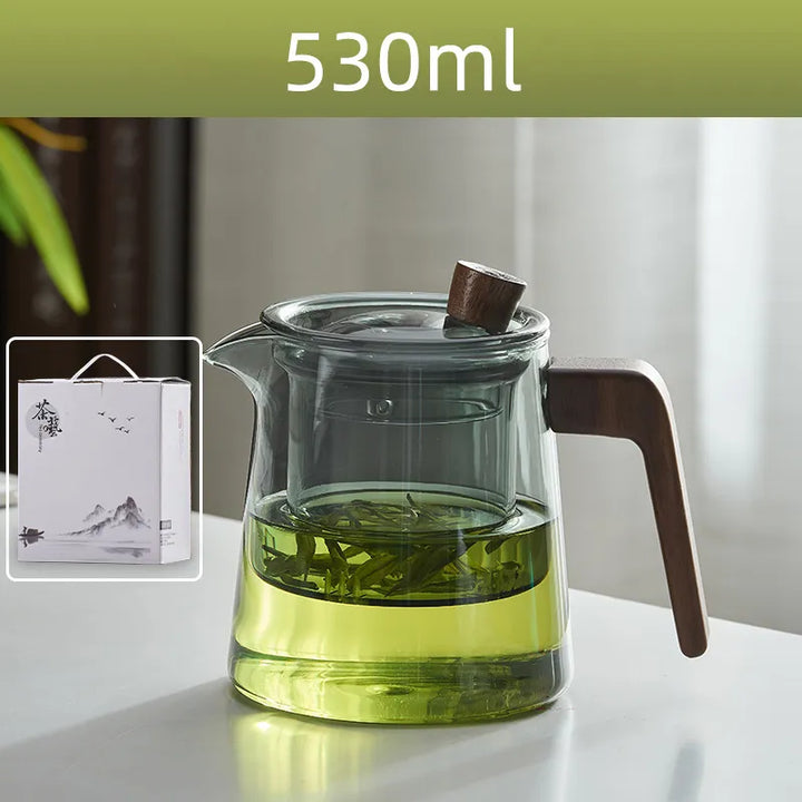 Stornfield | GIANXI Retro Glass Teapot with Wooden Handle Transparent Tea Set Ceremony Tea Ceramic Cup Filter High Borosilicate Silica Pot 530ML
