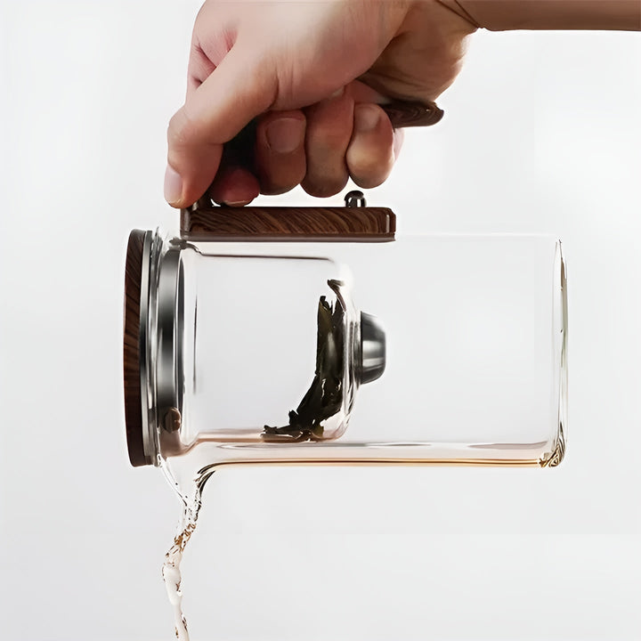 Glass teapot with wooden handle – One-click filter | Perfect for loose tea & Puer | Stornfield