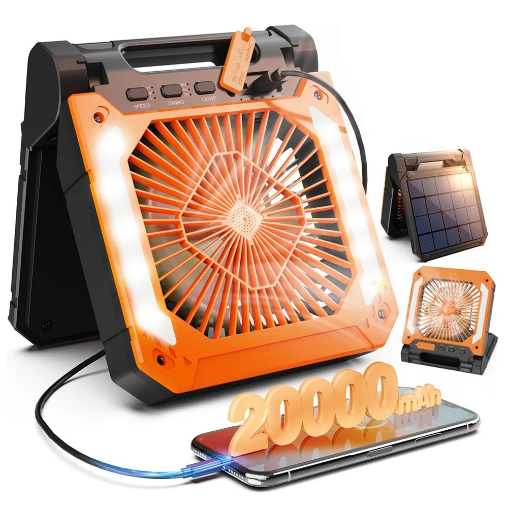 20000mAh Portable Electric Fan with LED Light — USB, Solar & Car Charging for Camping | Stornfield