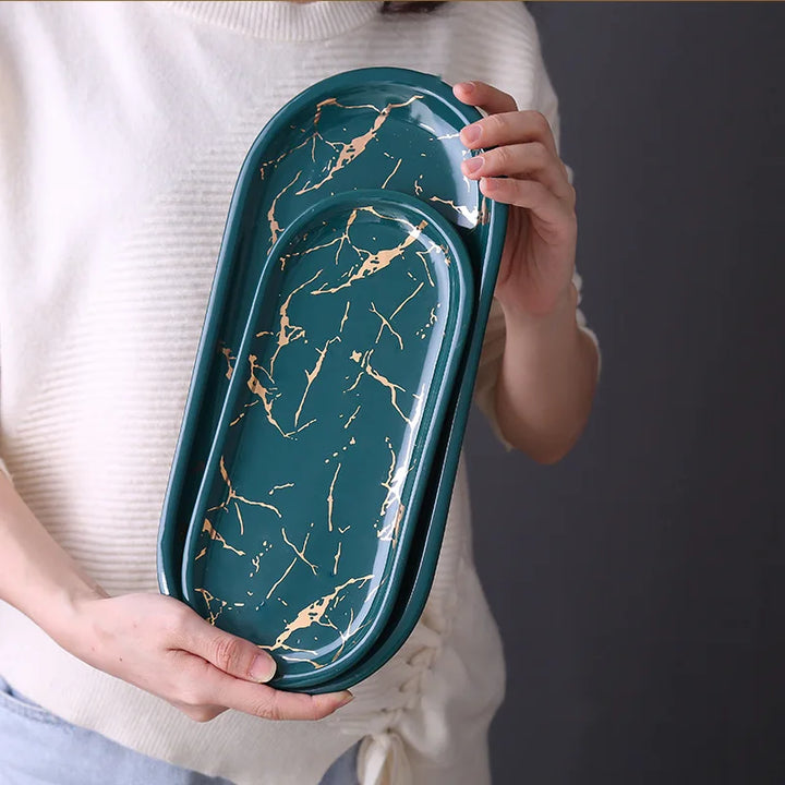 Stornfield | Nordic Marbled Ceramic Oval Tray for Jewelry, Accessory Storage, Soap Holder, Golden Wave, Bathroom Cup, Bath Decoration