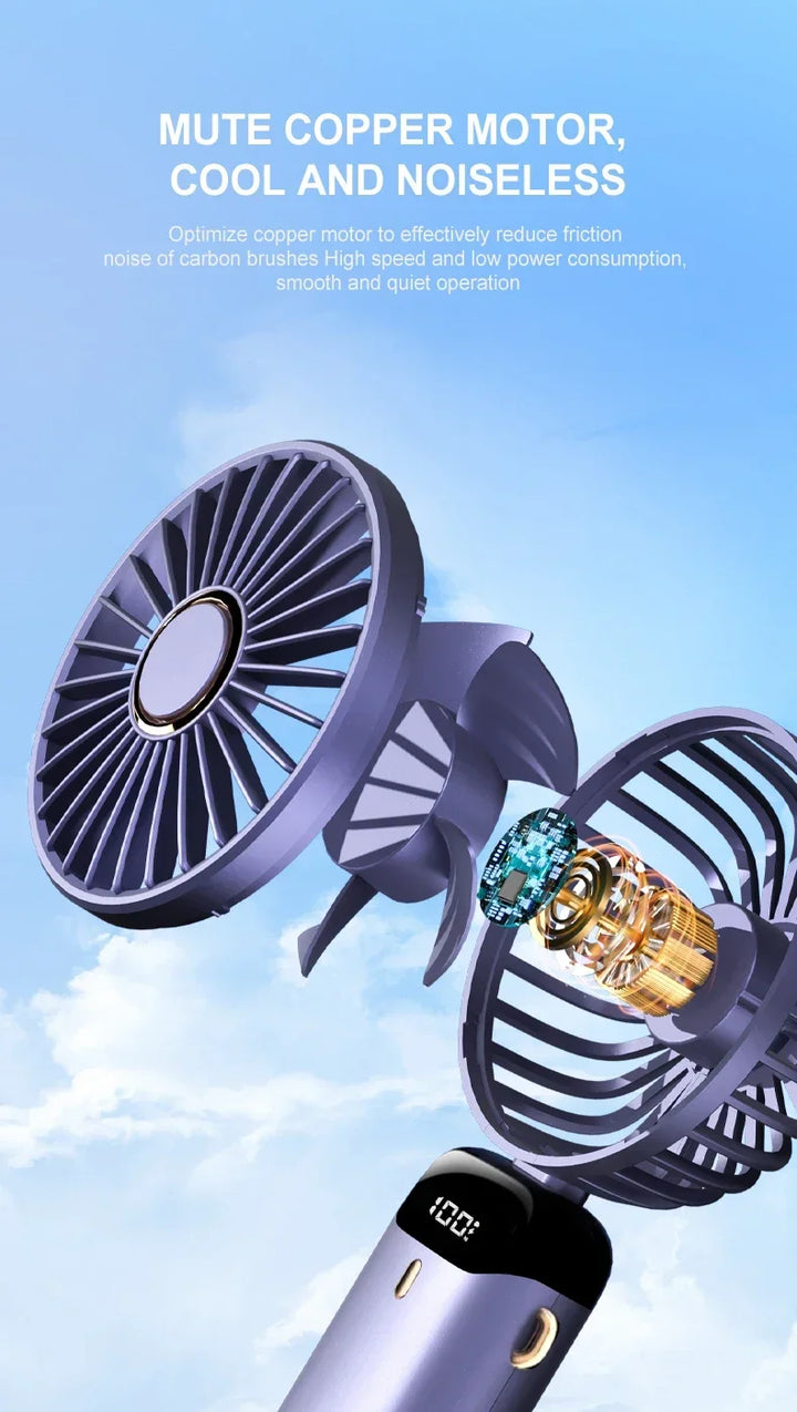 5000mAh Handheld Mini Fan – Wireless USB Rechargeable Portable Fan with Digital Display, Phone Holder, 5-Speed Foldable Neck Hanging Fan | Stornfield