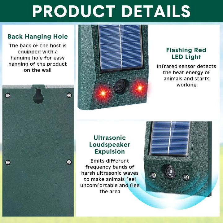 Stornfield | SolarGuardix Ultrasonic Bird Repeller Solar | With LED & Motion Sensor | Waterproof IP58 | 600 m² Coverage