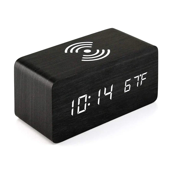Minimalist LED wooden clock with temperature display, wireless charging function and digital time display – Ideal for bedroom and office | Stornfield