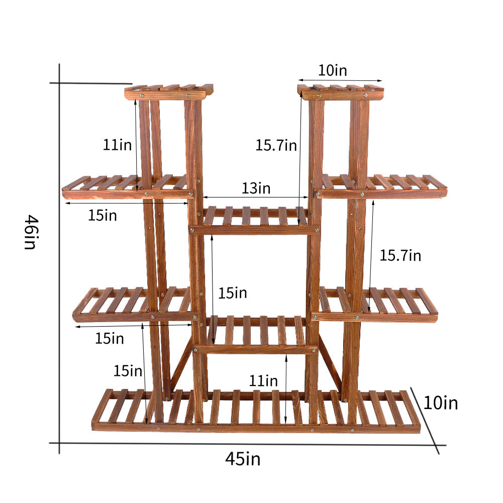 Large 11-tier Wooden Plant Shelf | Carbonized, Wide Flower Stand for Indoor & Outdoor | Stornfield