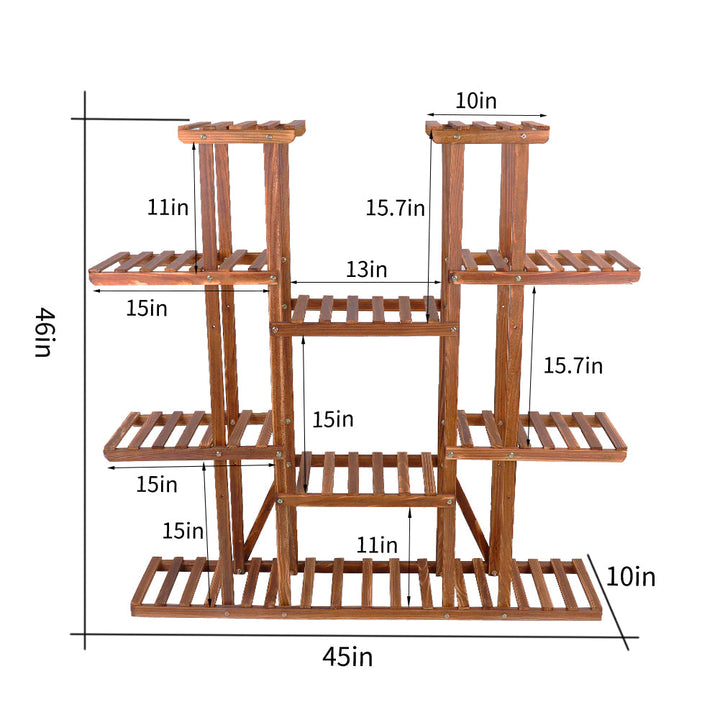 Large 11-tier Wooden Plant Shelf | Carbonized, Wide Flower Stand for Indoor & Outdoor | Stornfield