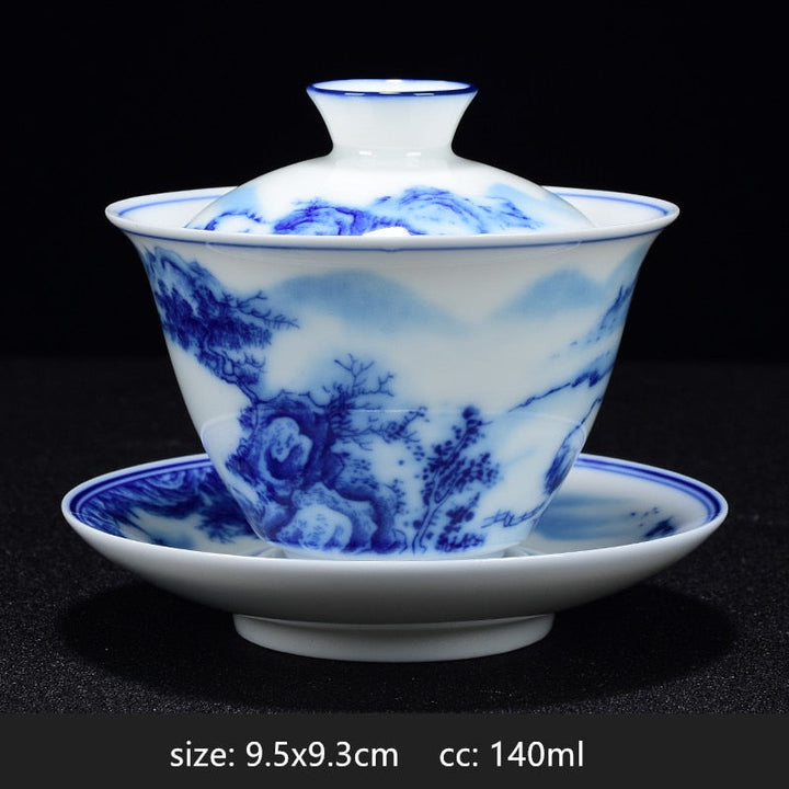 Stornfield | PorceVive Gaiwan Tasse à thé | Porcelaine artisanale avec motif paysage | Service à thé chinois avec couvercle