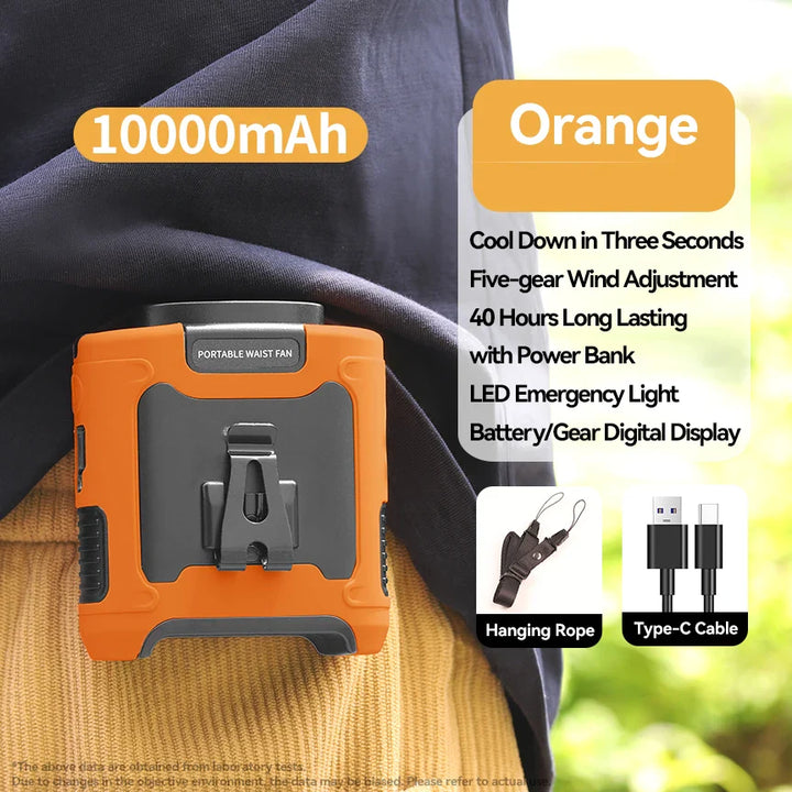 20000mAh Portable Waist Fan – Hanging Neck Fan with Power Bank, Strong Wind, LED Lighting for Sports, Courier, Outdoor Work | Stornfield