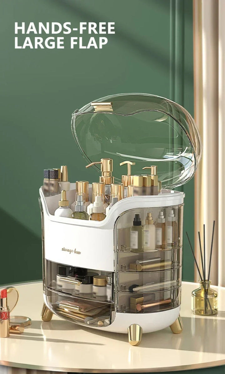 Luxury Transparent Makeup Organizer with Rotating Doors and Drawers | Stornfield