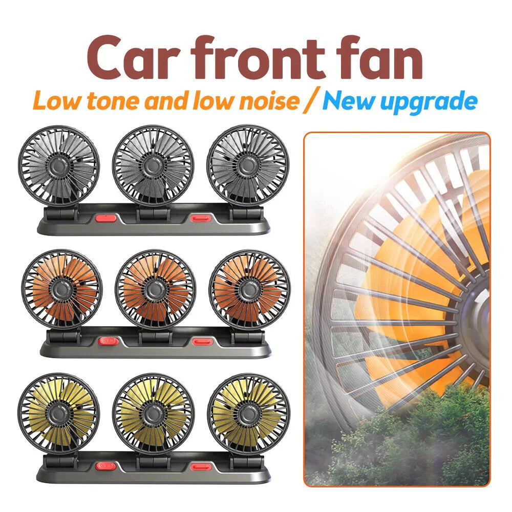 360° Adjustable Car Fan - 3-Head Automotive Electric Fan - USB/12V/24V - 2 Speeds - Silent Cooling for Home, Desk, Office & Car | Stornfield