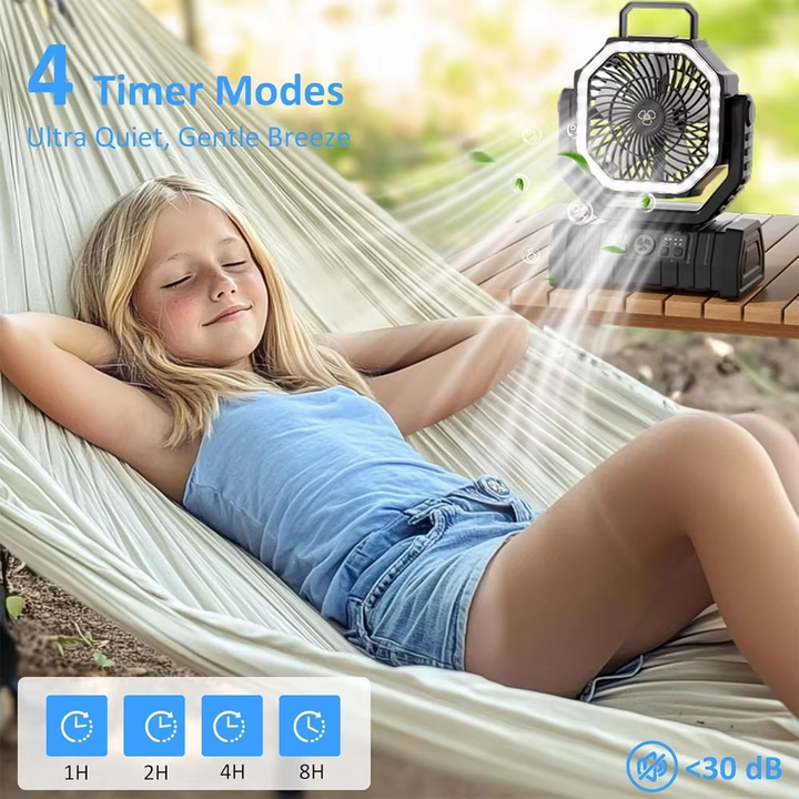 Rechargeable Camping Fan with 20000mAh Battery, 4 Speeds and LED Lantern | Stornfield