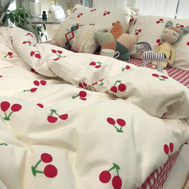 Heart / Cherry Print Bedding Set Duvet Cover Bed Sheets & Pillowcases | Stornfield