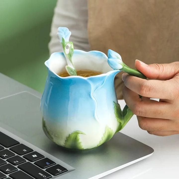 Stornfield | Pink 3D Flower Ceramic Mug Cute Aesthetic Coffee Cups Water Mugs with Spoon Summer Winter Drinkware Valentine's Day Gifts