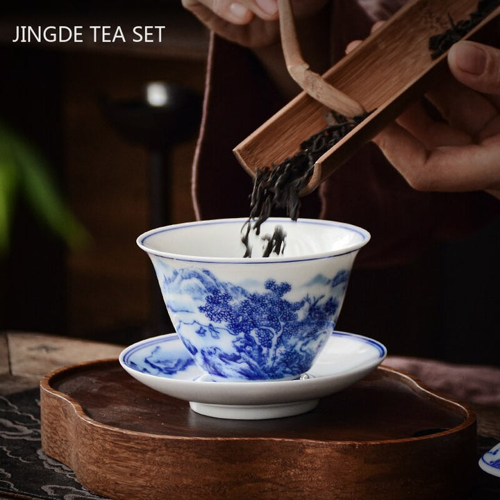 Stornfield | PorceVive Gaiwan Tasse à thé | Porcelaine artisanale avec motif paysage | Service à thé chinois avec couvercle