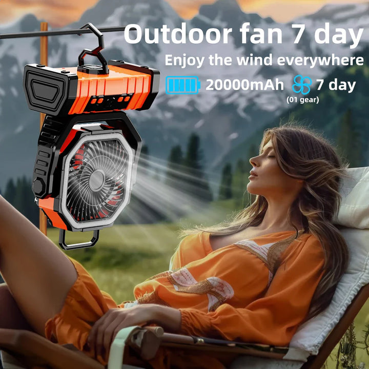 20000mAh Portable Rechargeable Fan — Battery-Operated Desk & Camping Fan with LED Light & Hook for Tent, Car, and Outdoor Trips | Stornfield