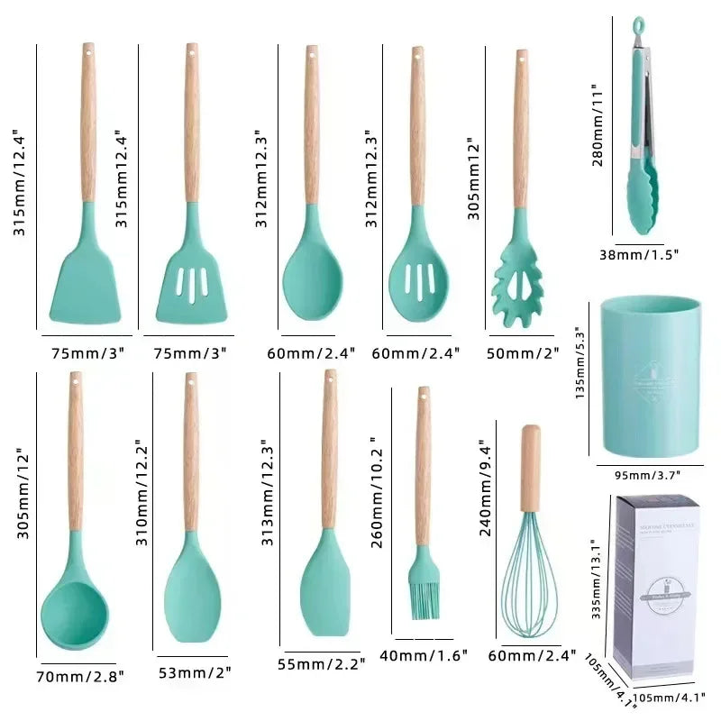 ChefEase – Stornfield 12-Piece Silicone Kitchen Utensil Set with Wooden Handles