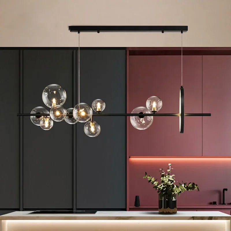 Stornfield | Modern Creative Metal Chandelier: 7/10 Clear Glass Bubbles, Long and Round Design with G9 Socket
