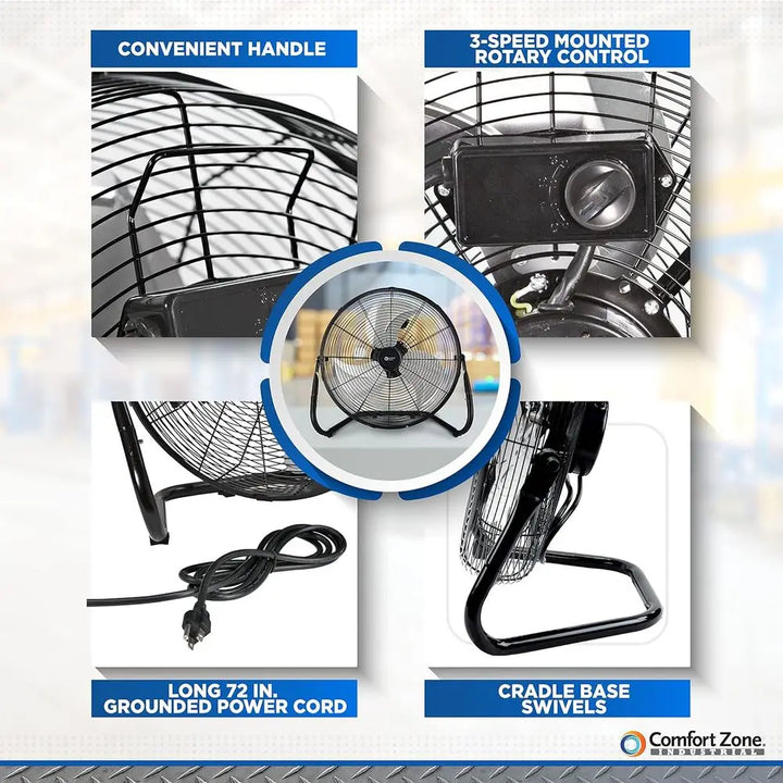 18-Inch Industrial High-Velocity Floor Fan – 3-Speed Adjustable Tilt with Carry Handle for Workshop & Home Use | Stornfield